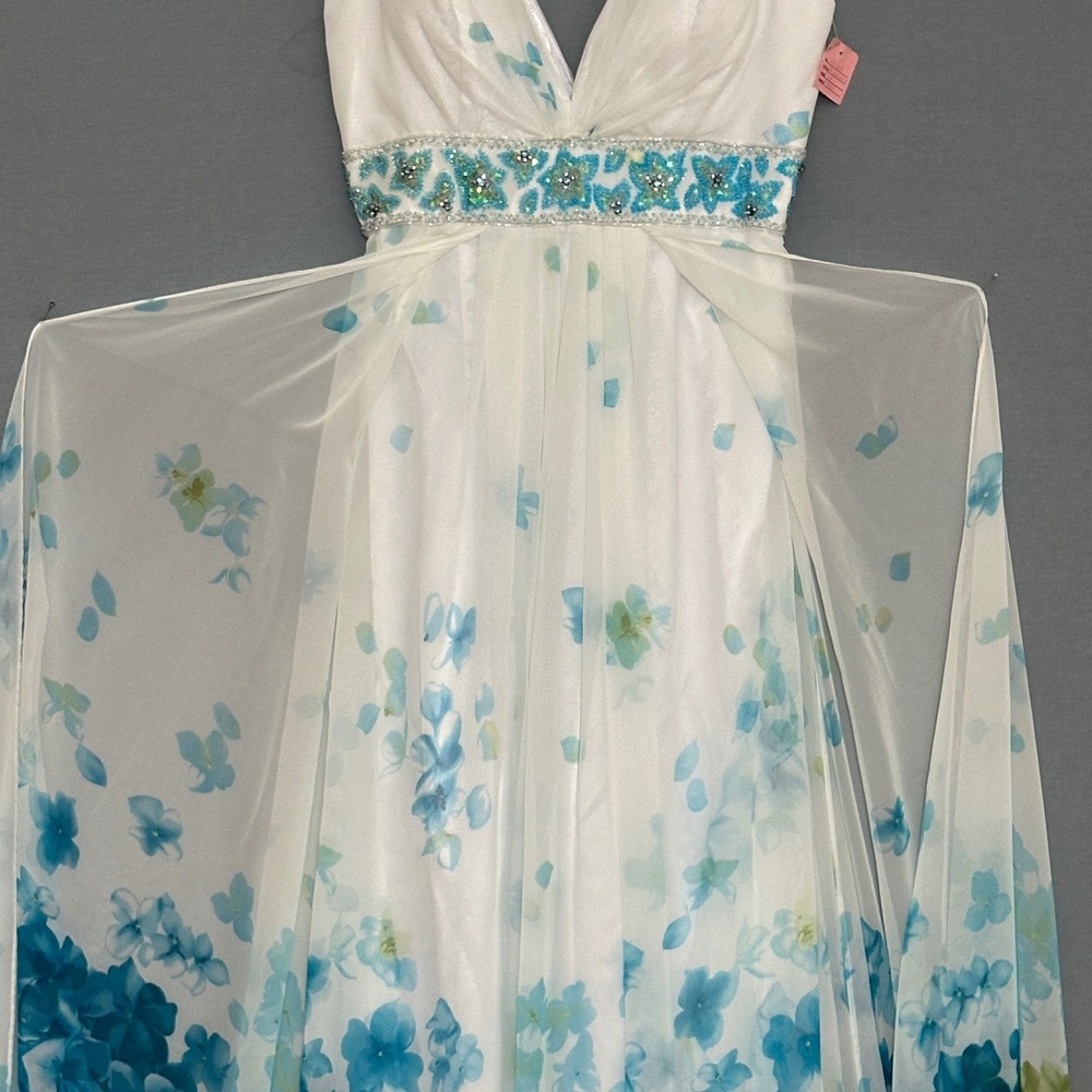 VTG Tony Bowls Le Gala Woman Dress 14 White Blue Floral Beaded Ethereal Romantic - Picture 4 of 16